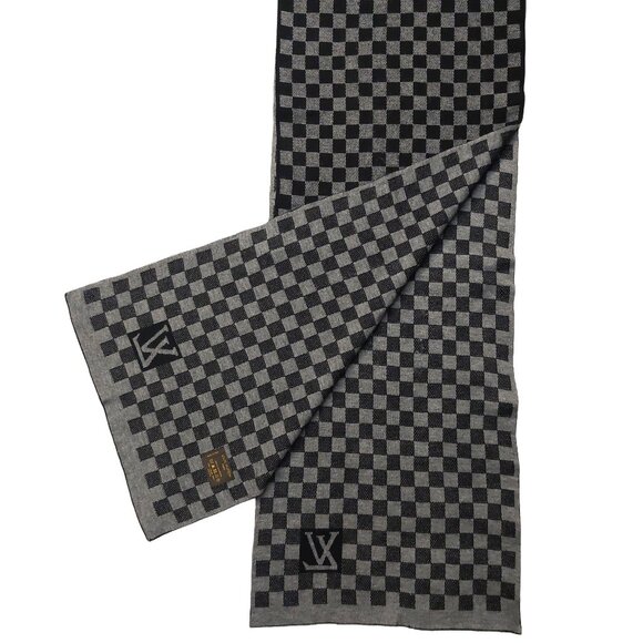 LOUIS VUITTON Black Gray Reversible Cashmere Damier Scarf Pre-Owned - Picture 4 of 13